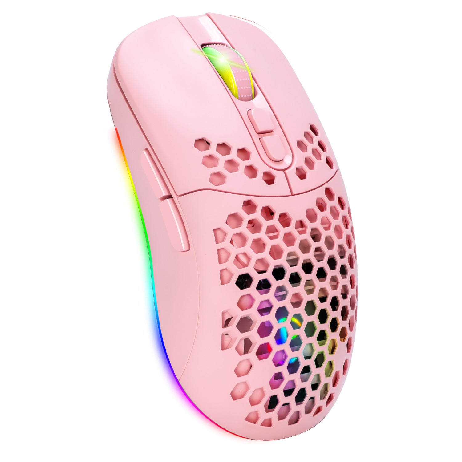 Pink RGB Wireless Hollow Gaming Mouse — Silent Bluetooth with Honeycomb Design