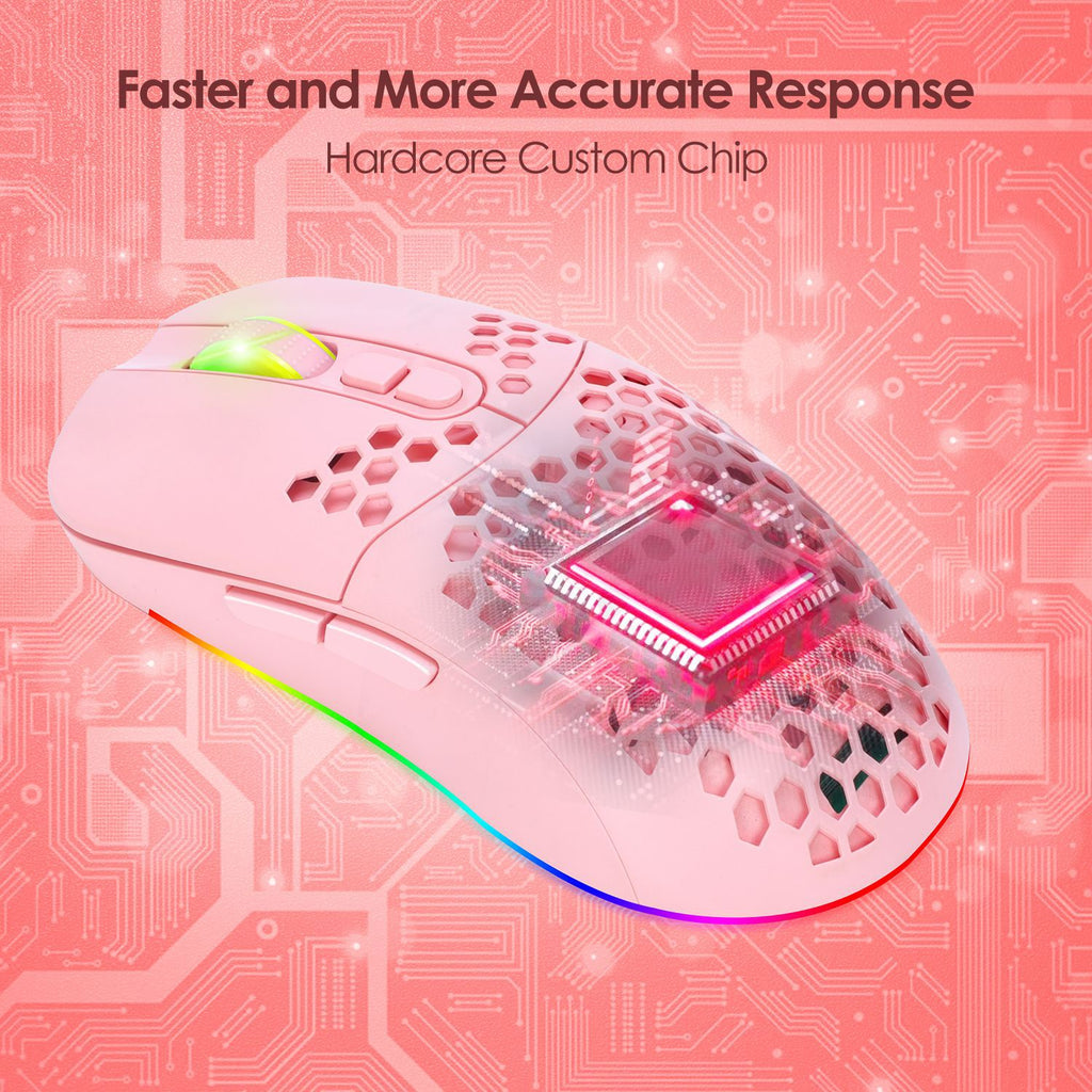 Pink RGB Wireless Hollow Gaming Mouse — Silent Bluetooth with Honeycomb Design