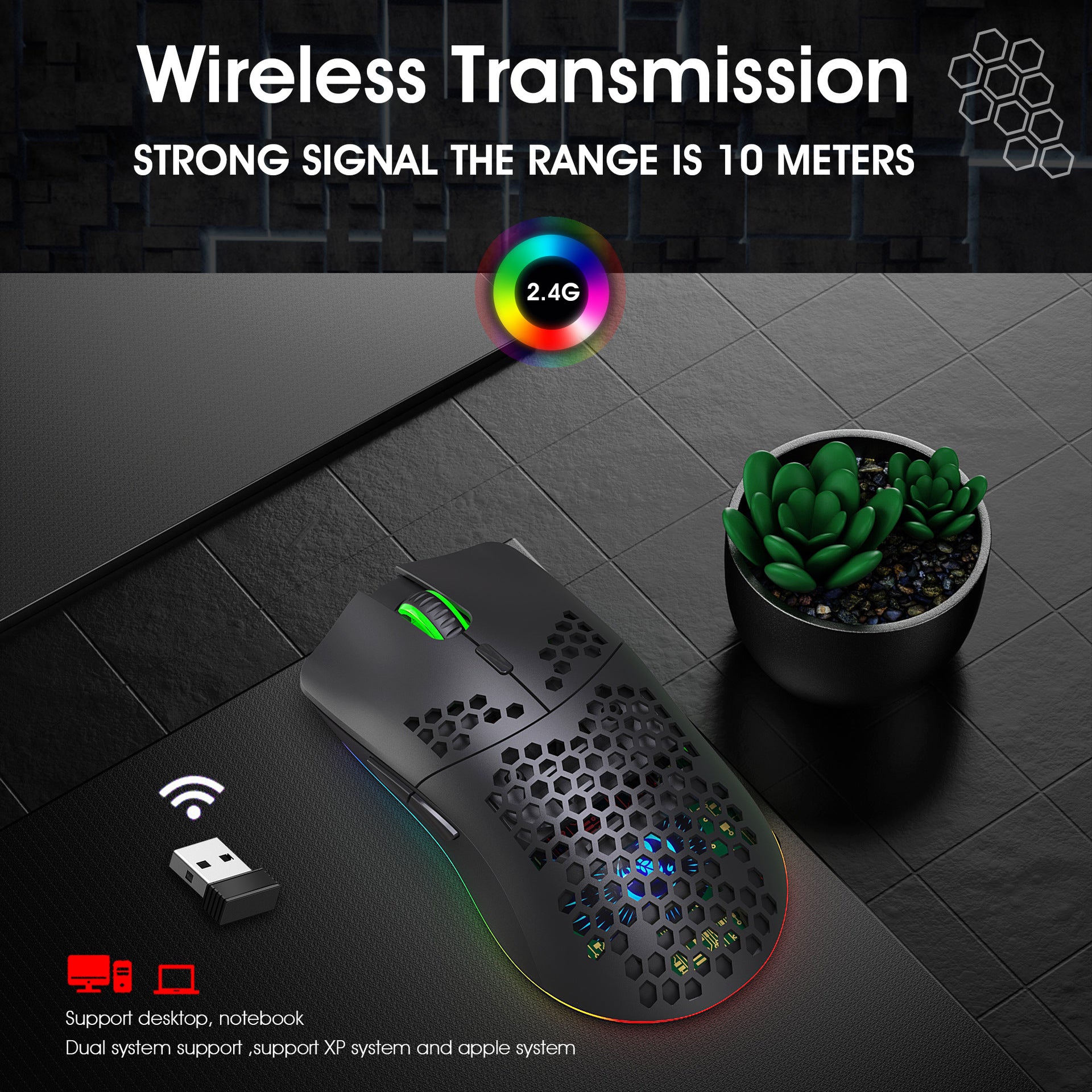RGB Wireless Hollow Gaming Mouse — 2.4G Rechargeable with Honeycomb Design