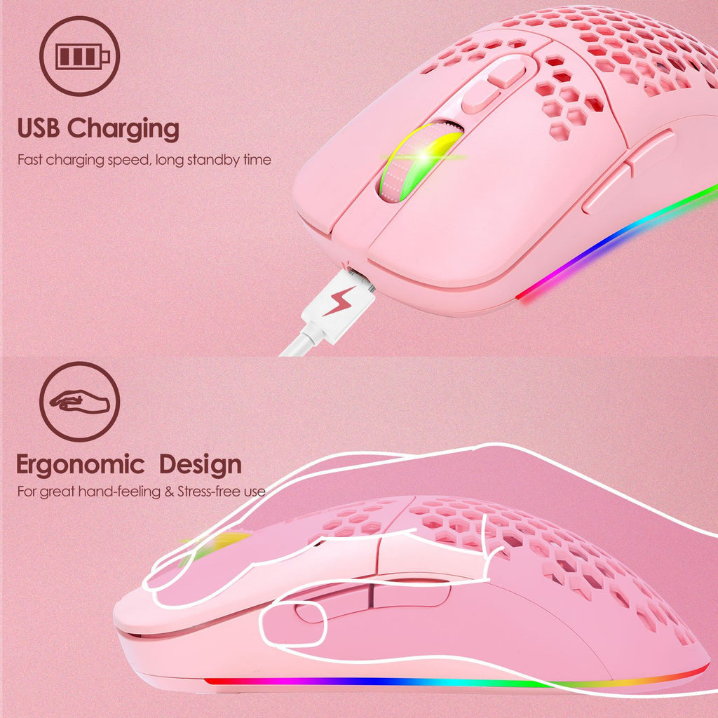 Pink RGB Wireless Hollow Gaming Mouse — Silent Bluetooth with Honeycomb Design