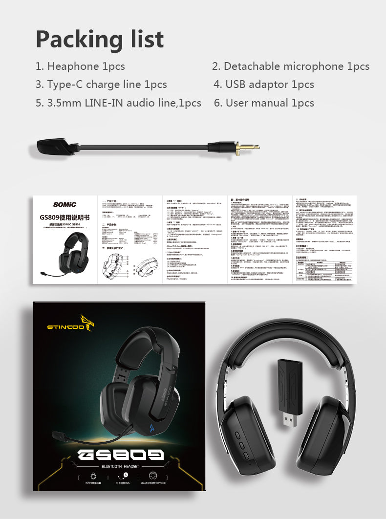 Somic GS809 2.4G Wireless Bluetooth Gaming Headset