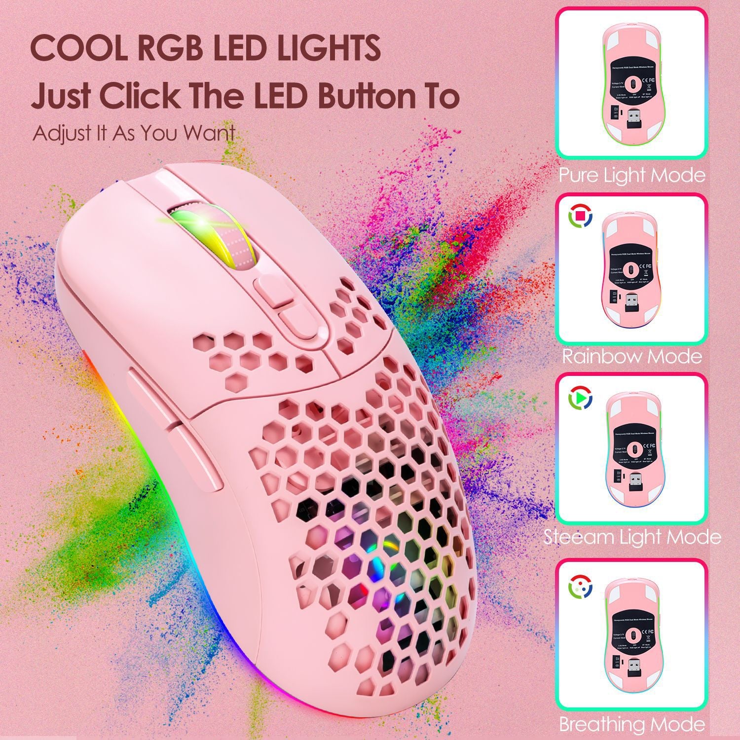 Pink RGB Wireless Hollow Gaming Mouse — Silent Bluetooth with Honeycomb Design