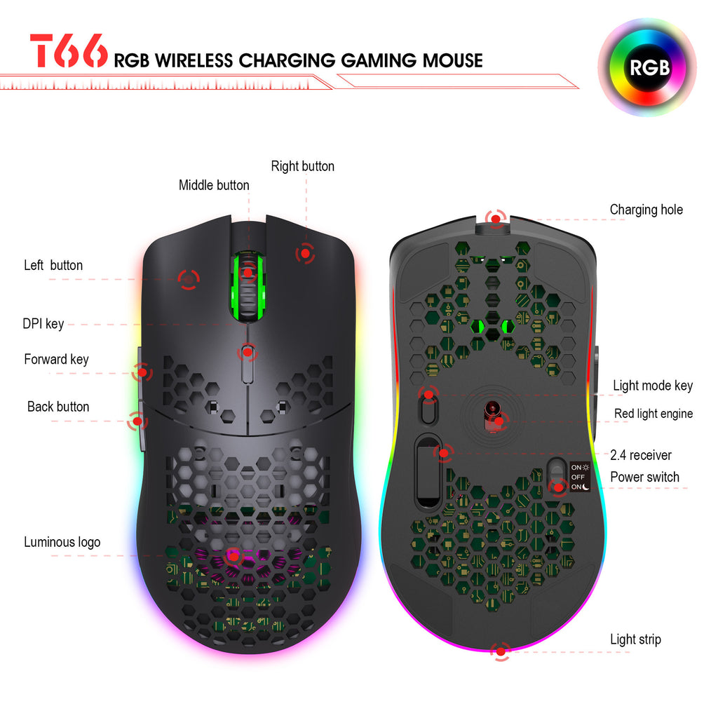 RGB Wireless Hollow Gaming Mouse — 2.4G Rechargeable with Honeycomb Design