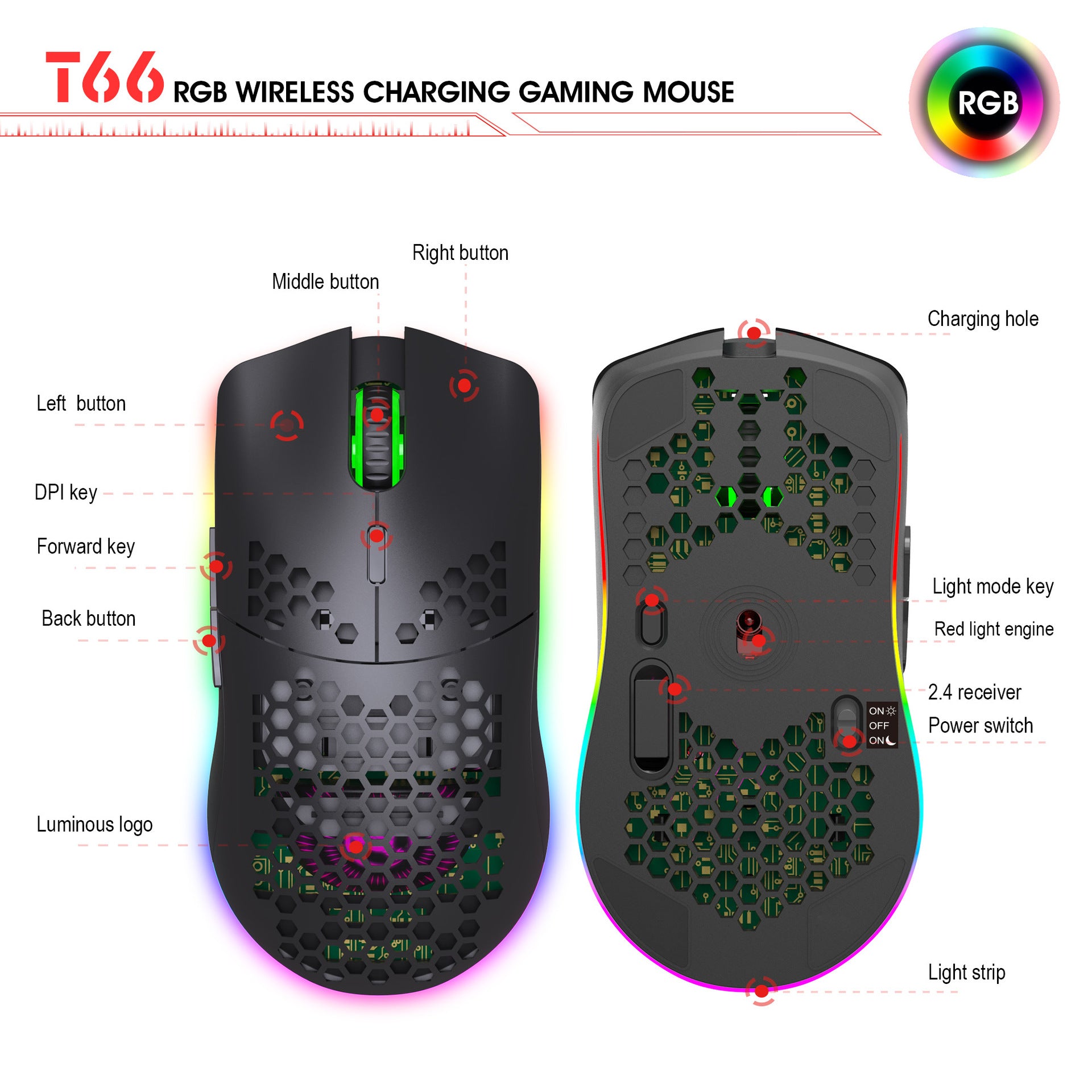 RGB Wireless Hollow Gaming Mouse — 2.4G Rechargeable with Honeycomb Design