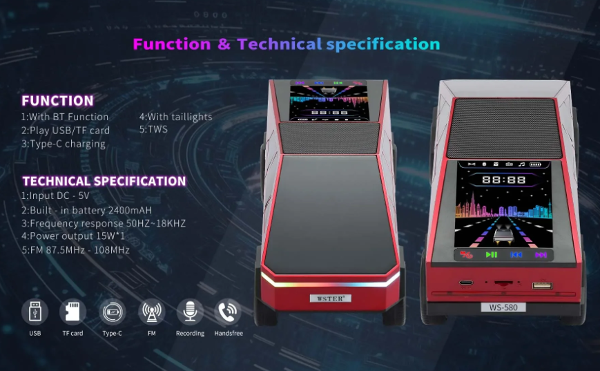 WS-580 Cybertruck Wireless Bluetooth Speaker with RGB LED & FM Radio