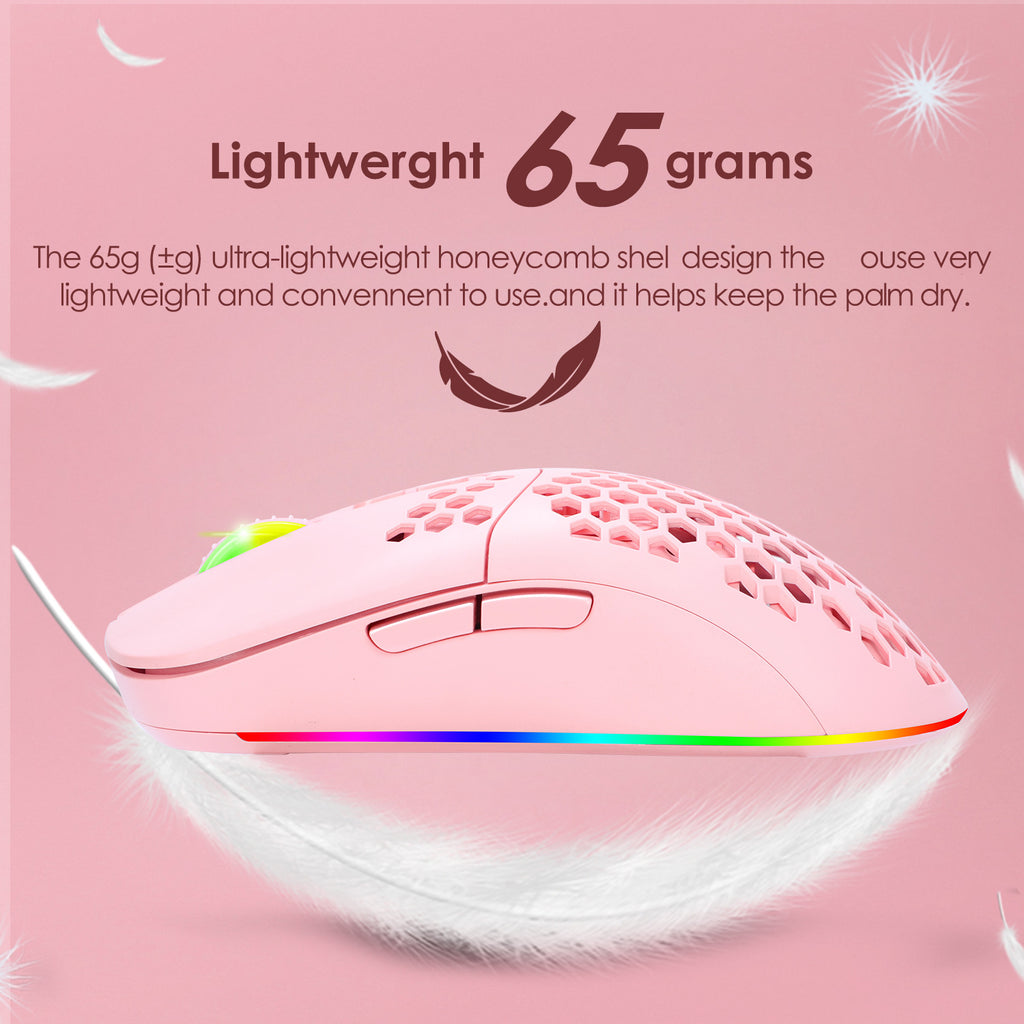 Pink RGB Wireless Hollow Gaming Mouse — Silent Bluetooth with Honeycomb Design