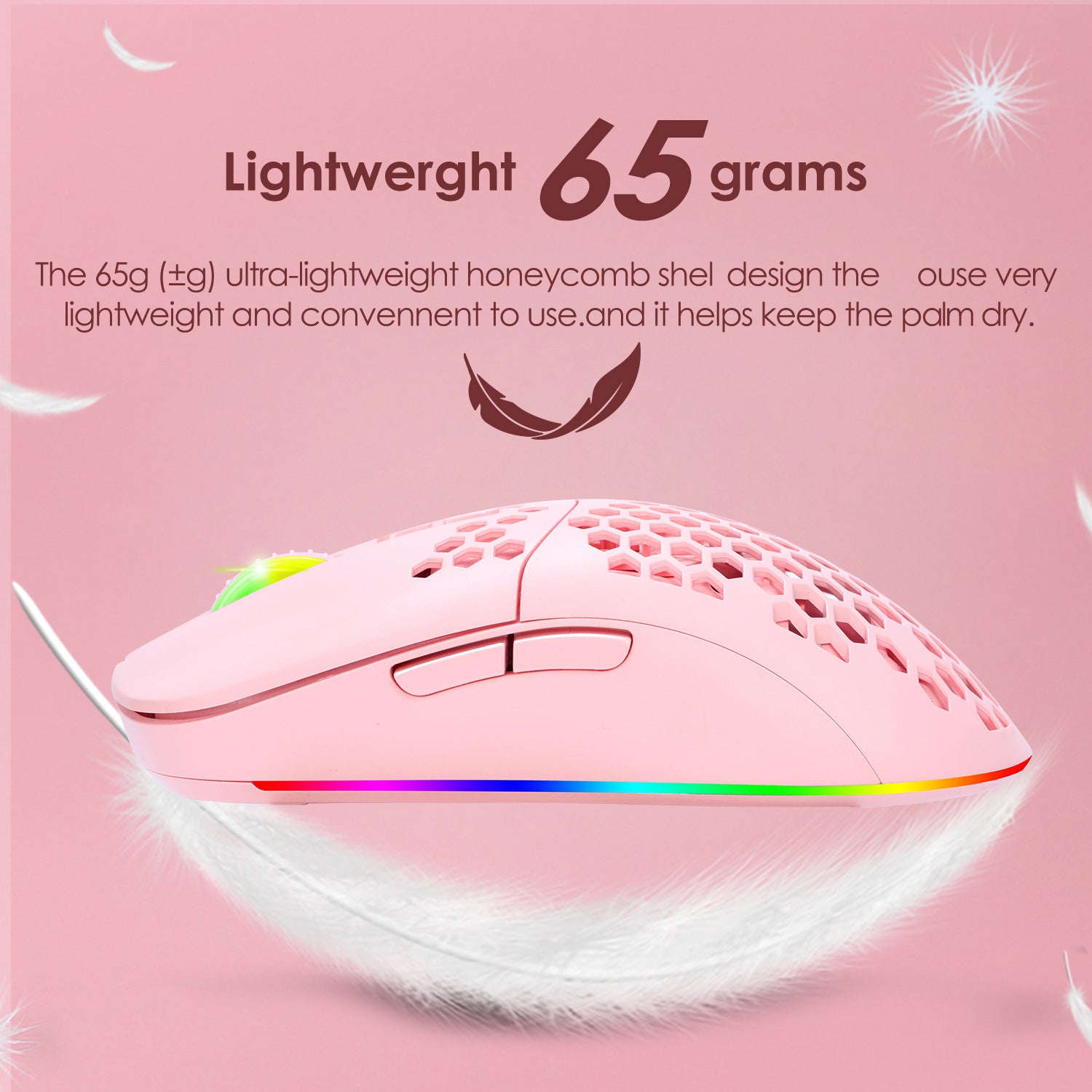 Pink RGB Wireless Hollow Gaming Mouse — Silent Bluetooth with Honeycomb Design